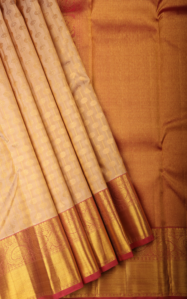 Beige and Red Pure Silk Saree