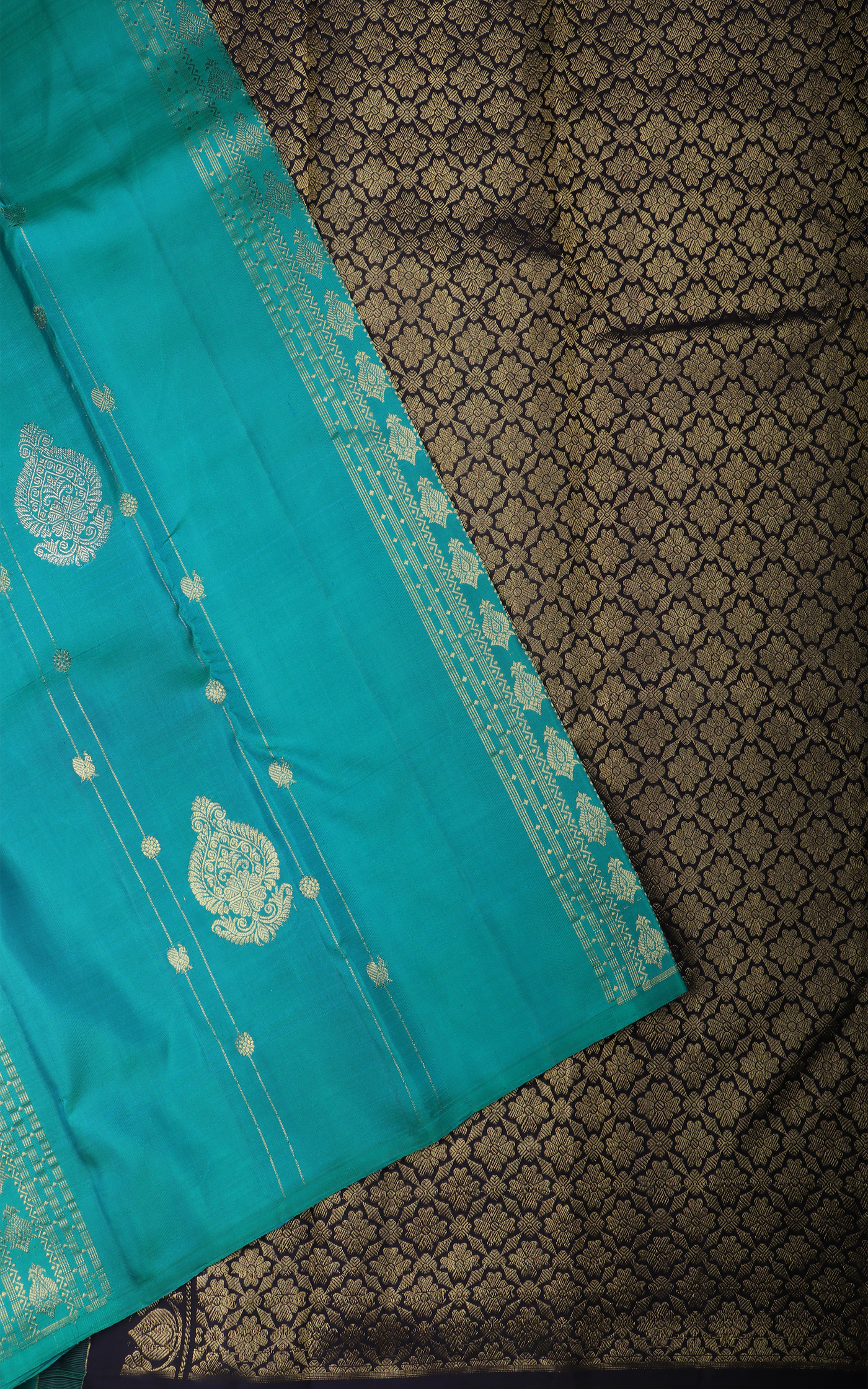Peacock Blue and Navy Blue Pure Silk Saree