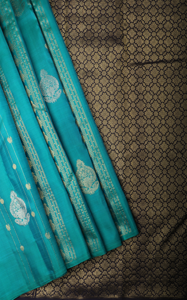 Peacock Blue and Navy Blue Pure Silk Saree