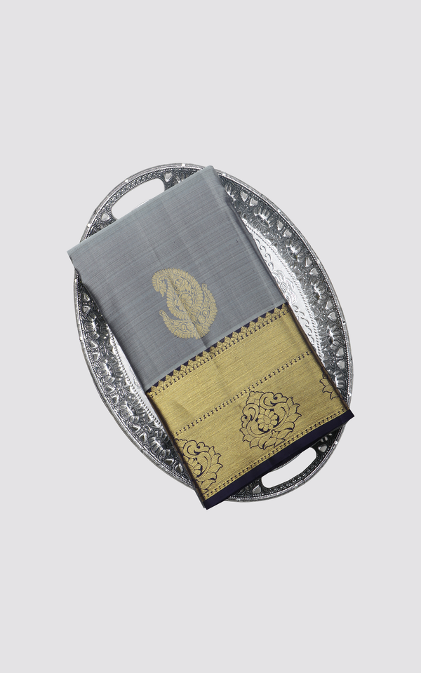 Grey and Navy Blue Pure Silk Saree