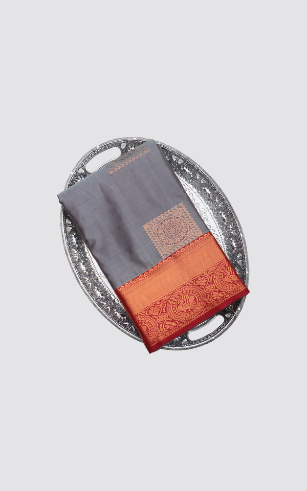 Grey and Maroon Semi Silk Saree