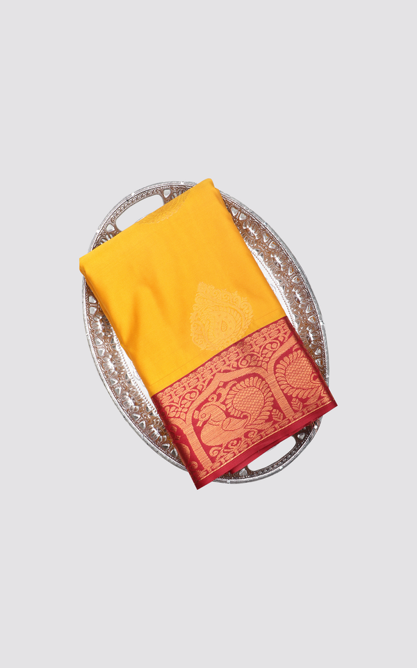 Mango Yellow and Red Semi Silk Saree