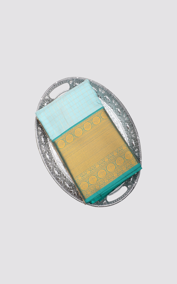 Sky Blue and Bottle Green Semi Silk Saree