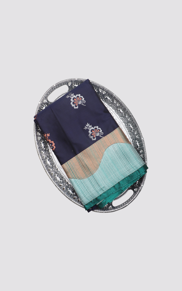 Navy Blue and Green Semi Silk Saree