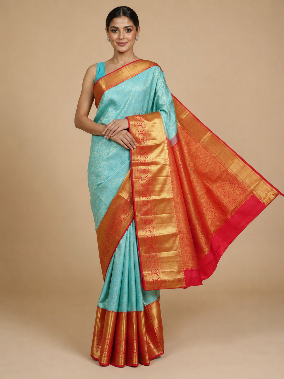 Enchanting Powder Blue and Vermilion Red Kanjivaram Silk Saree