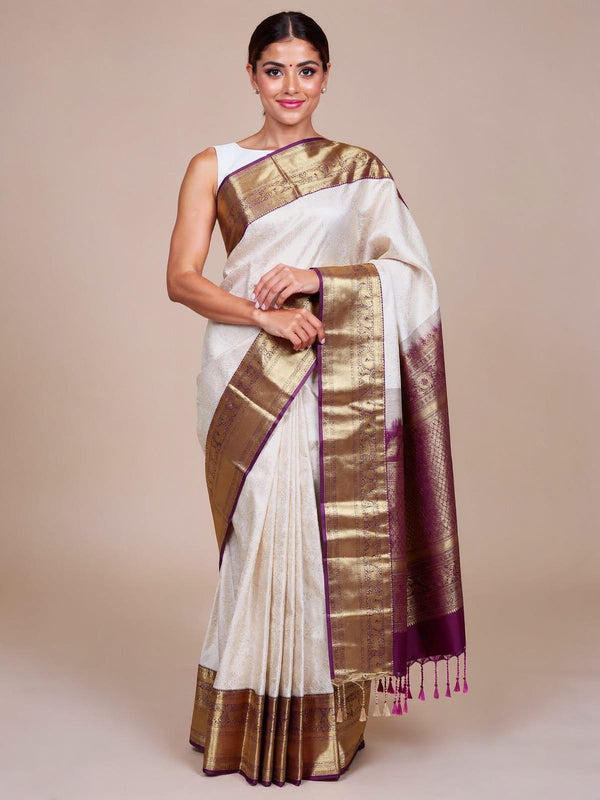 Exquisite Off-White with Magenta Kanchipuram Silk Saree