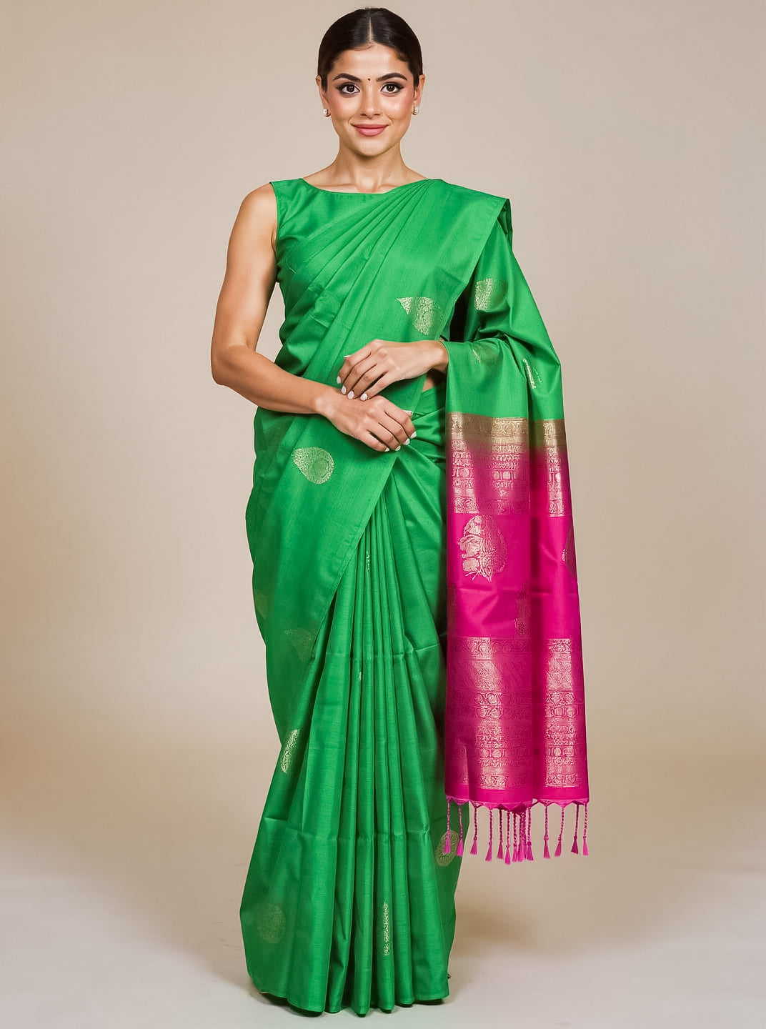 Leaf Green with Rani Pink Semi Silk Saree