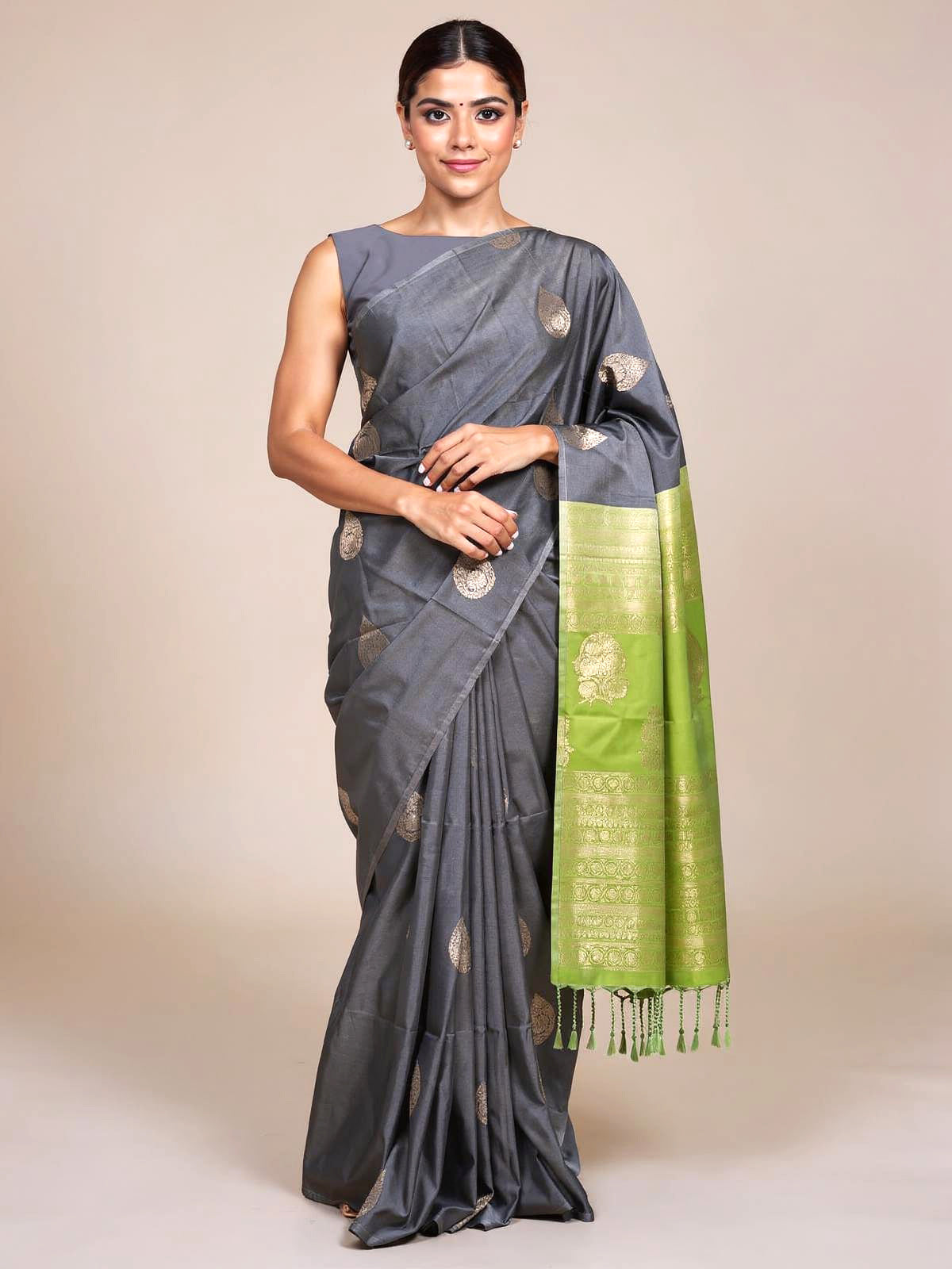 Steel Grey With Green Semi Silk Saree