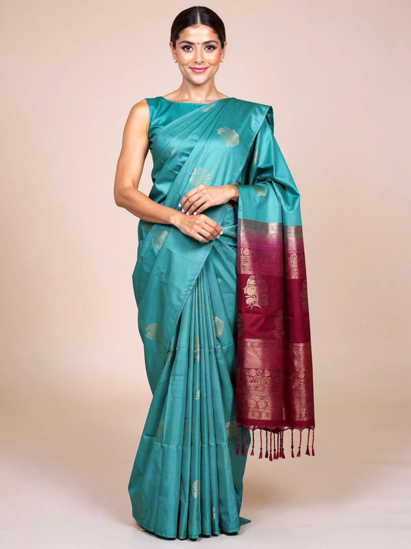 Sea Green With Maroon Semi Silk Saree