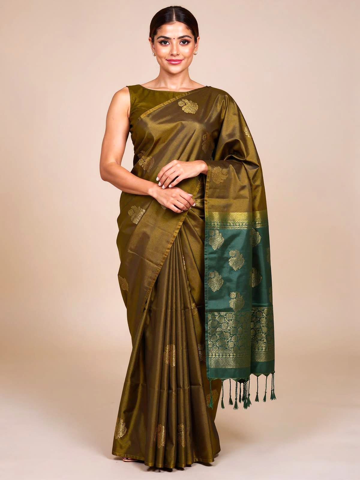 Mustard Gold with  Dark Green Semi Silk Saree
