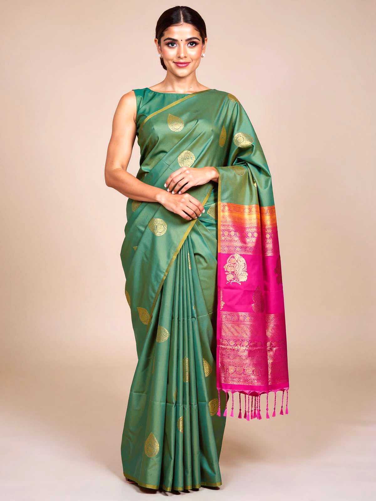 Sea Green with Rani Pink Semi Silk Saree