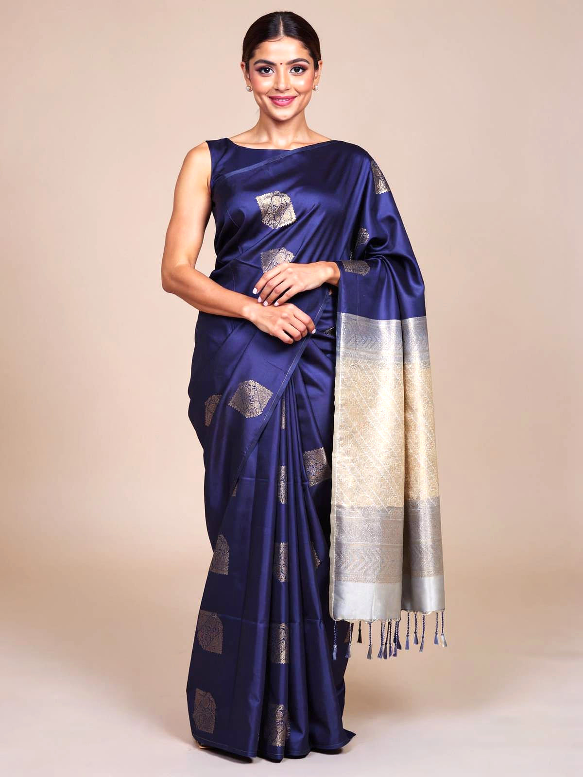 Royal Blue with Sandle Semi Silk Saree