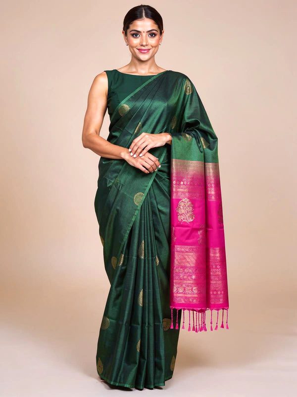 Bottle Green With Pink Semi Silk Saree