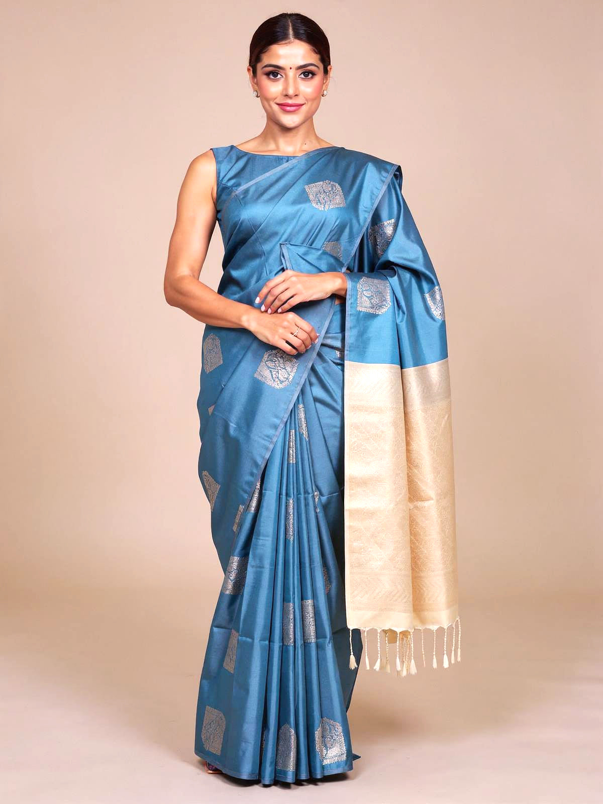 Blue Semi With Sandal Silk Saree