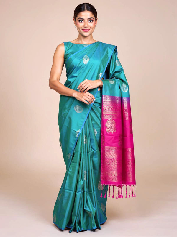 Rama Green With Pink Semi Silk Saree