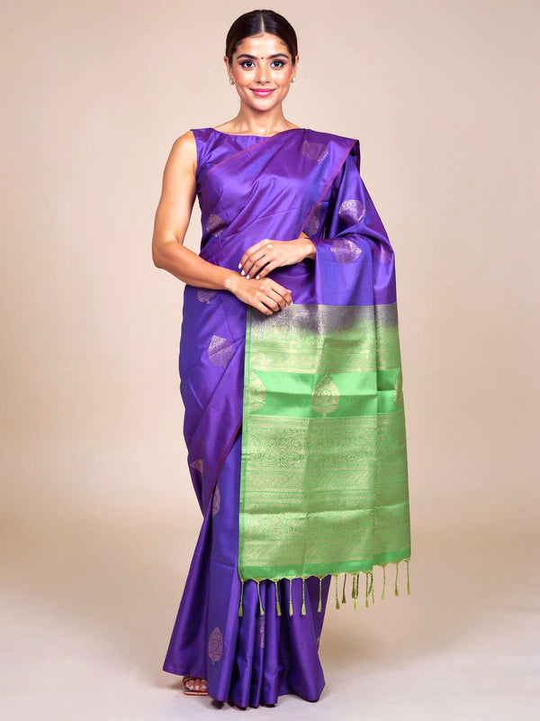 Violet With Green Semi Silk Saree