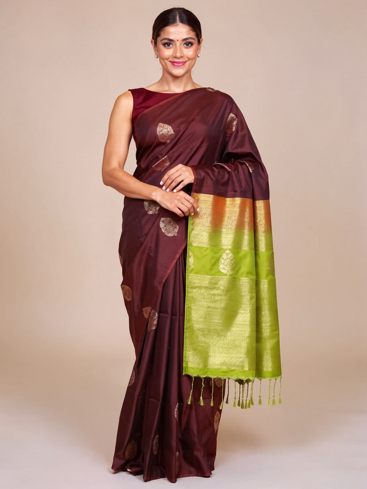 Maroon With Green Semi Silk Saree