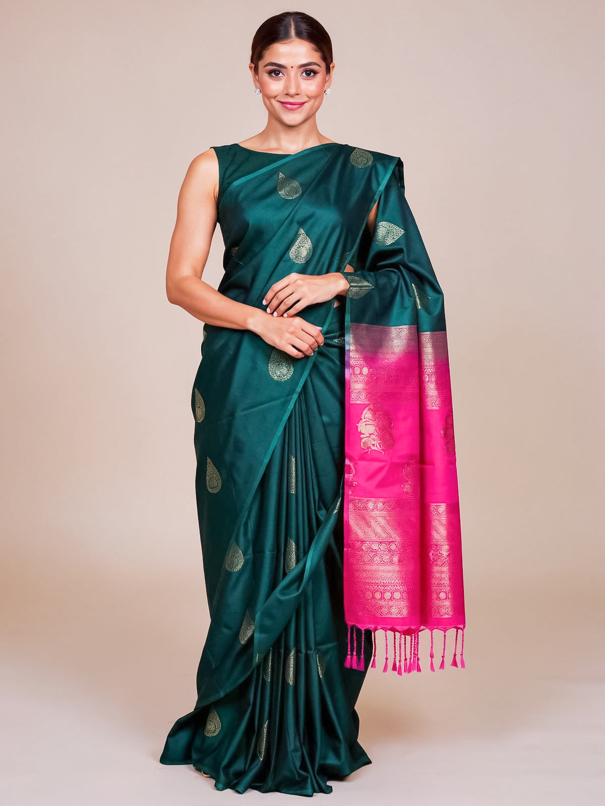 Teal Green With Pink Semi Silk Saree