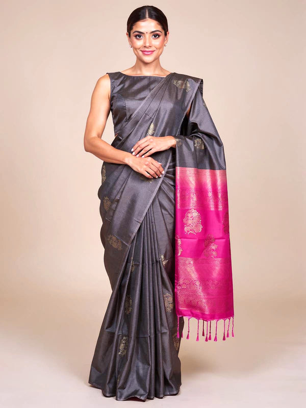 Grey Semi With Pink Silk Saree