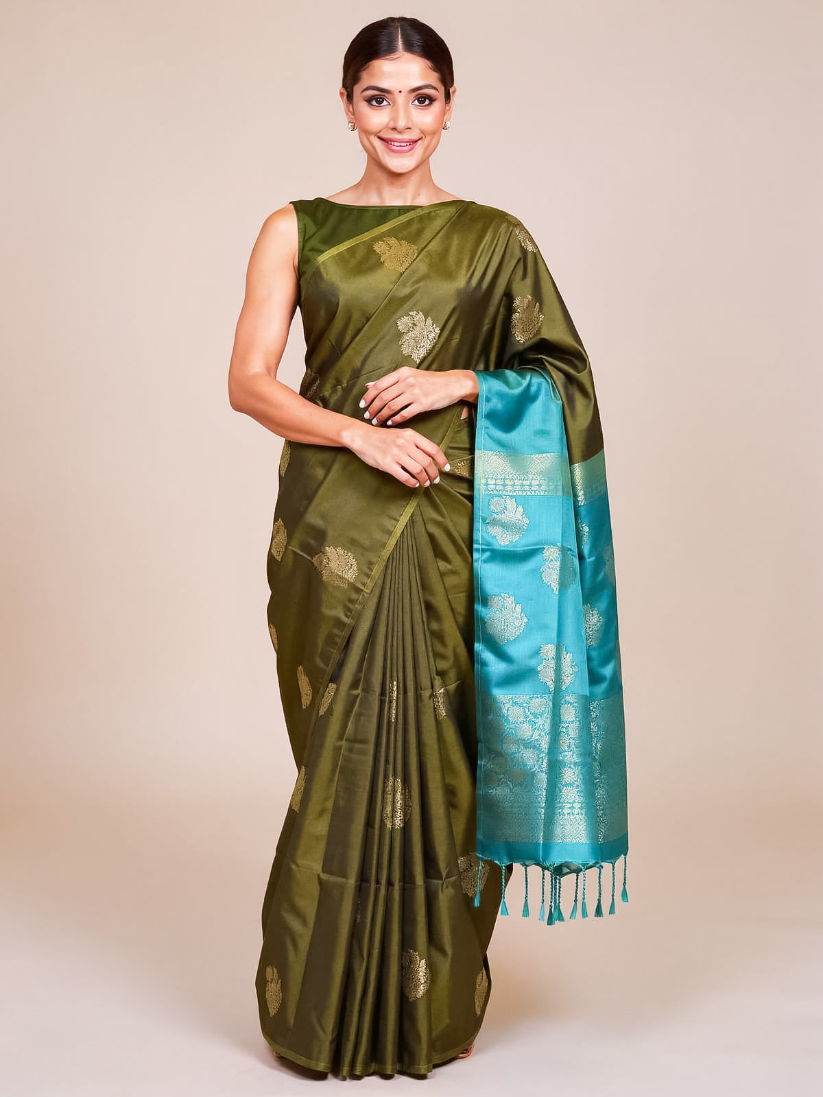 Olive Green with Peacock Blue Semi Silk Saree