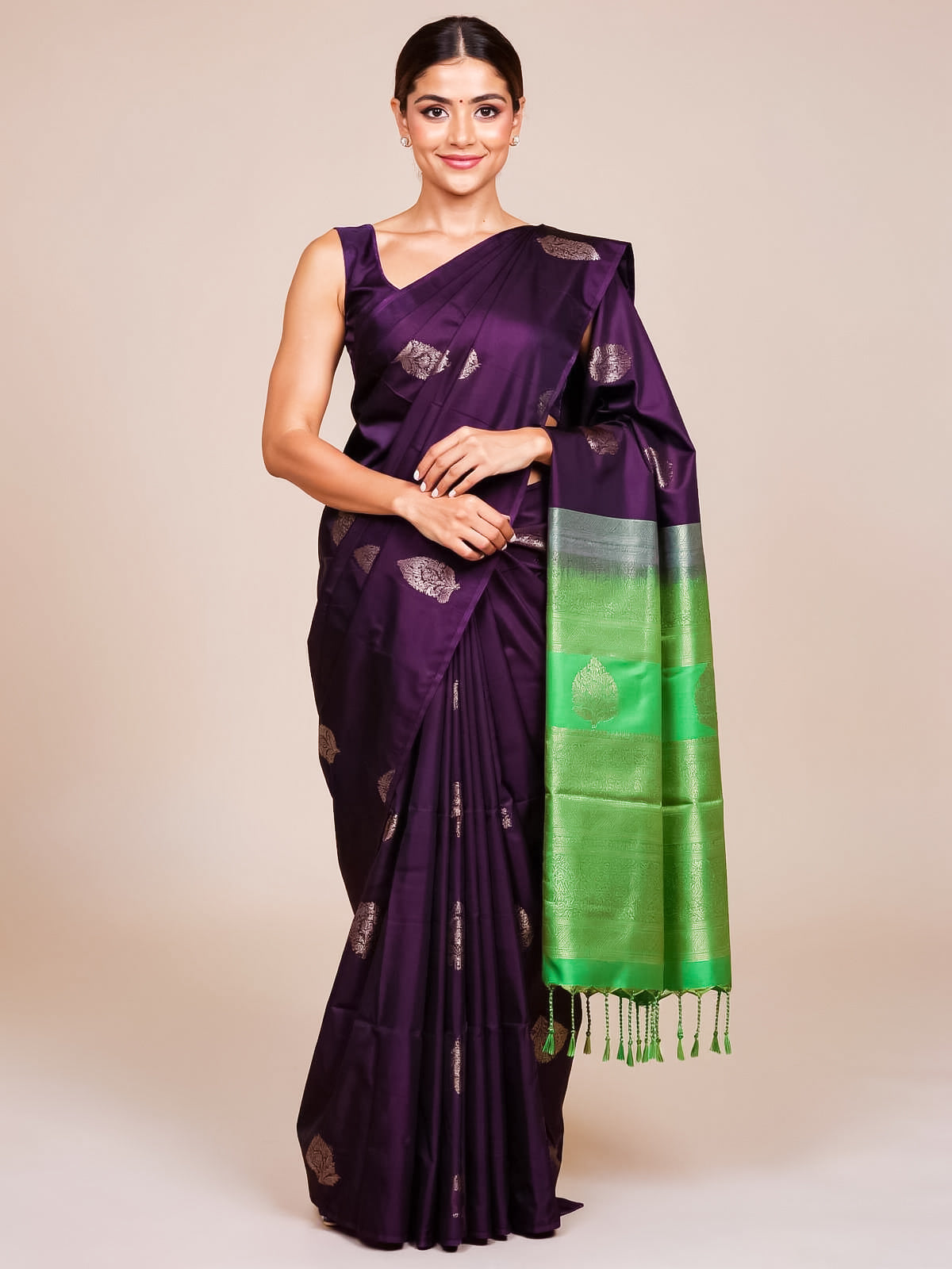Wine Purple With Green Semi Silk Saree