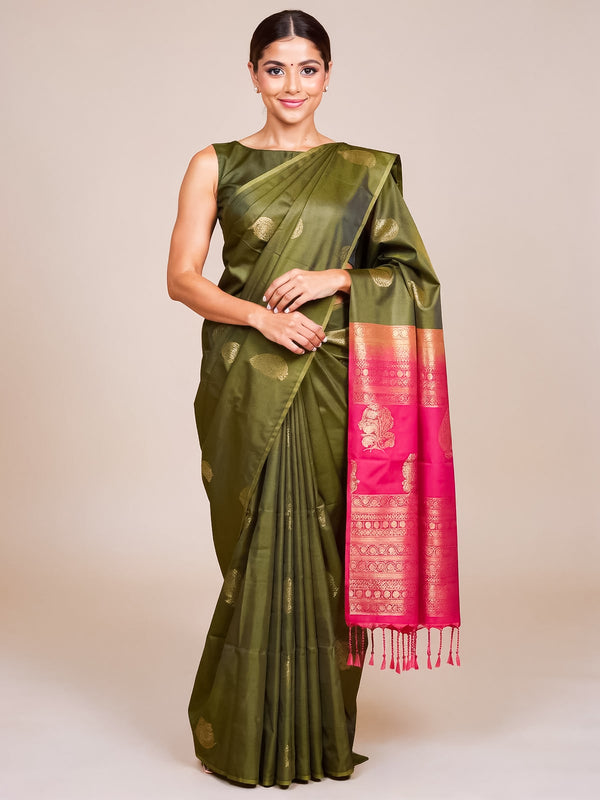 Mehendi Green With Pink Semi Silk Saree