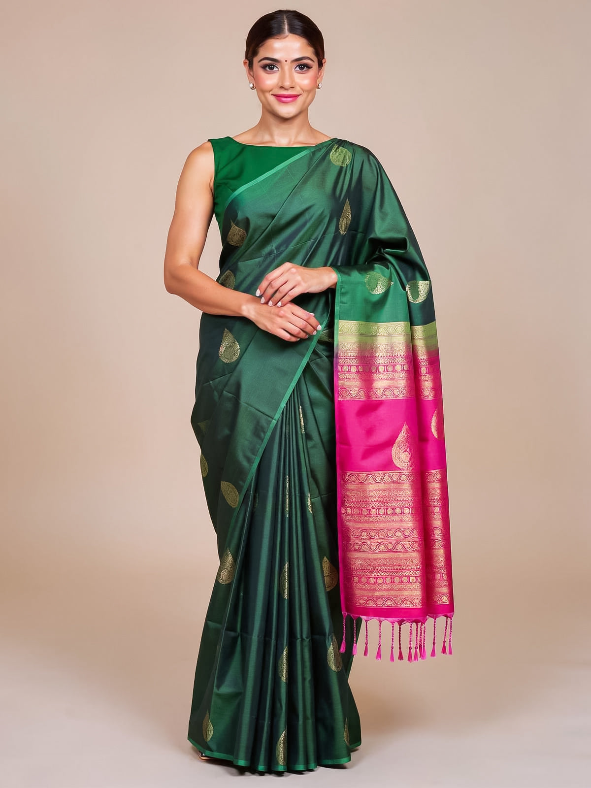 Dark Green With Pink  Semi Silk Saree