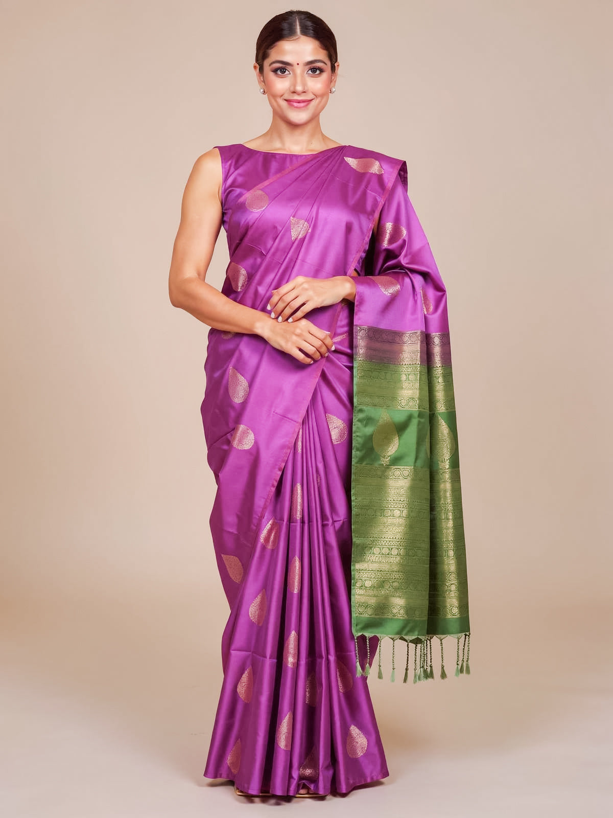 Orchid Pink With Green  Semi Silk Saree