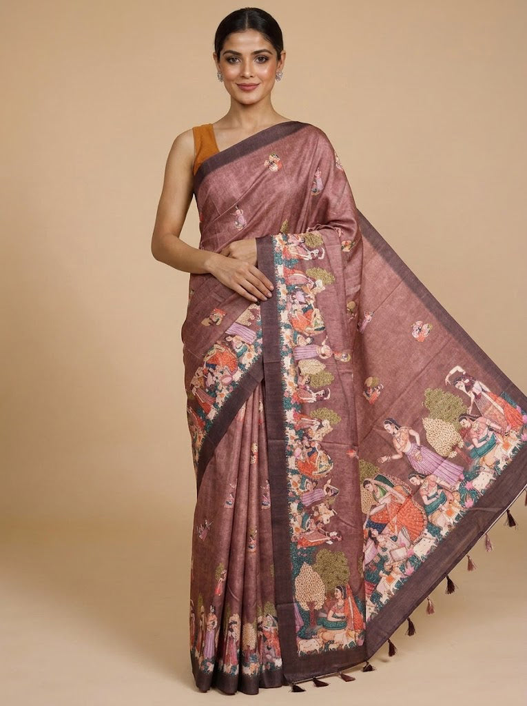Dusty Rose Pink with Deep Coffee Brown - Semi Tussar Saree