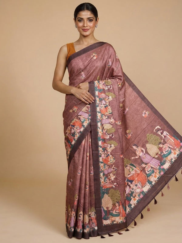 Dusty Rose Pink with Deep Coffee Brown - Semi Tussar Saree