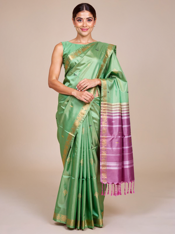 Parrot Green With Purple Semi Silk Saree