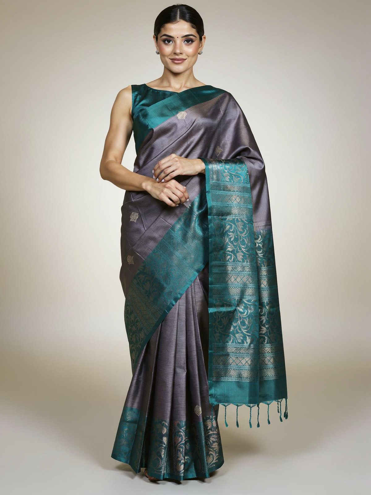 Elegant Charcoal Grey & Teal Kanchipuram Silk Saree