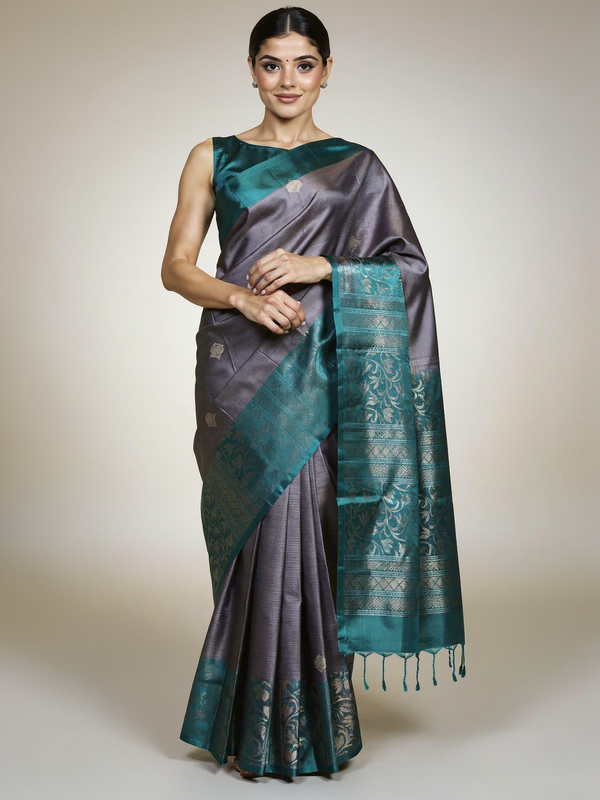 Elegant Charcoal Grey & Teal Kanchipuram Silk Saree