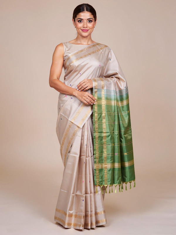 Beige With Green Semi Silk Saree