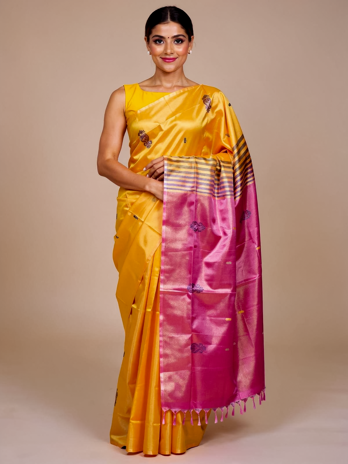 Yellow With Pink Semi Silk Saree
