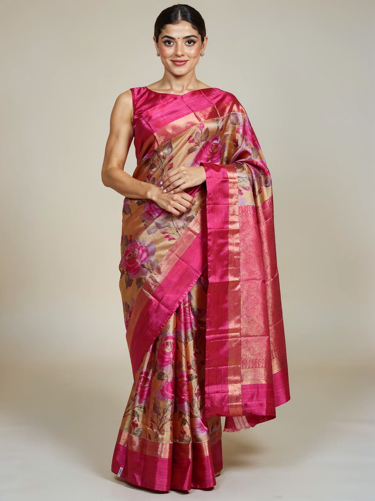 Elegant Rani Pink With Beige Floral Kanchipuram Silk Saree