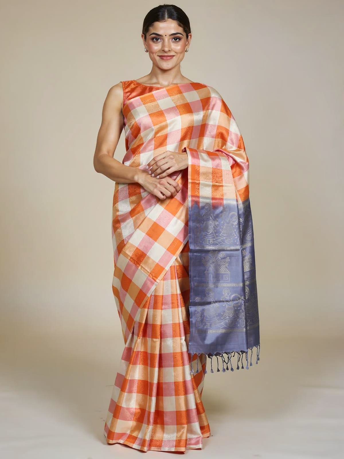 Radiant Orange and Grey Kanchipuram Silk Saree