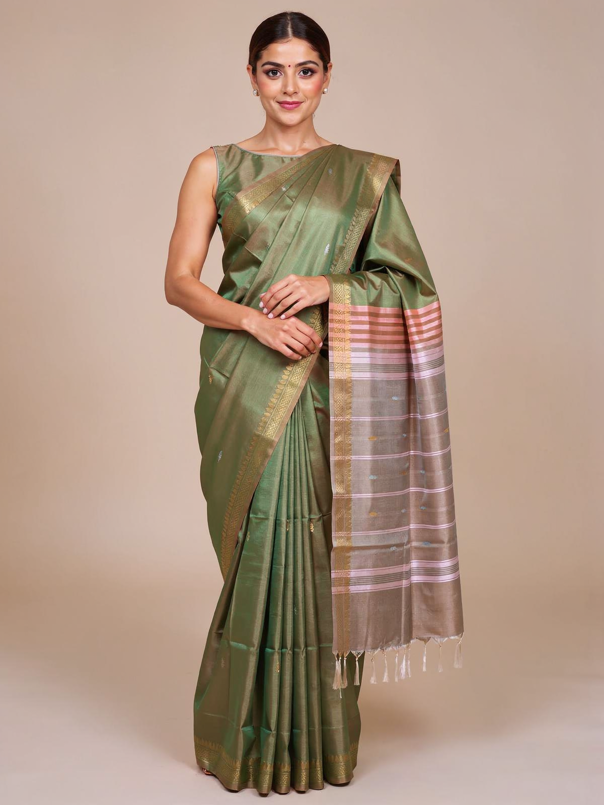 Olive Green With Orange Semi Silk Saree