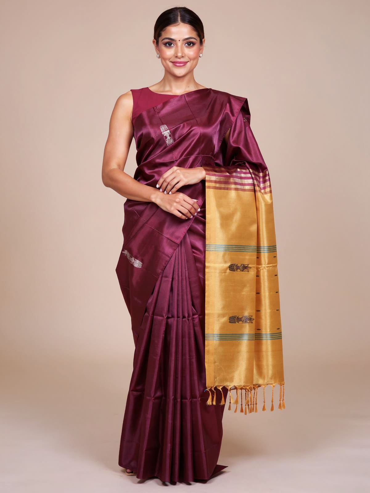 Wine Purple With Yellow Semi ilk Saree