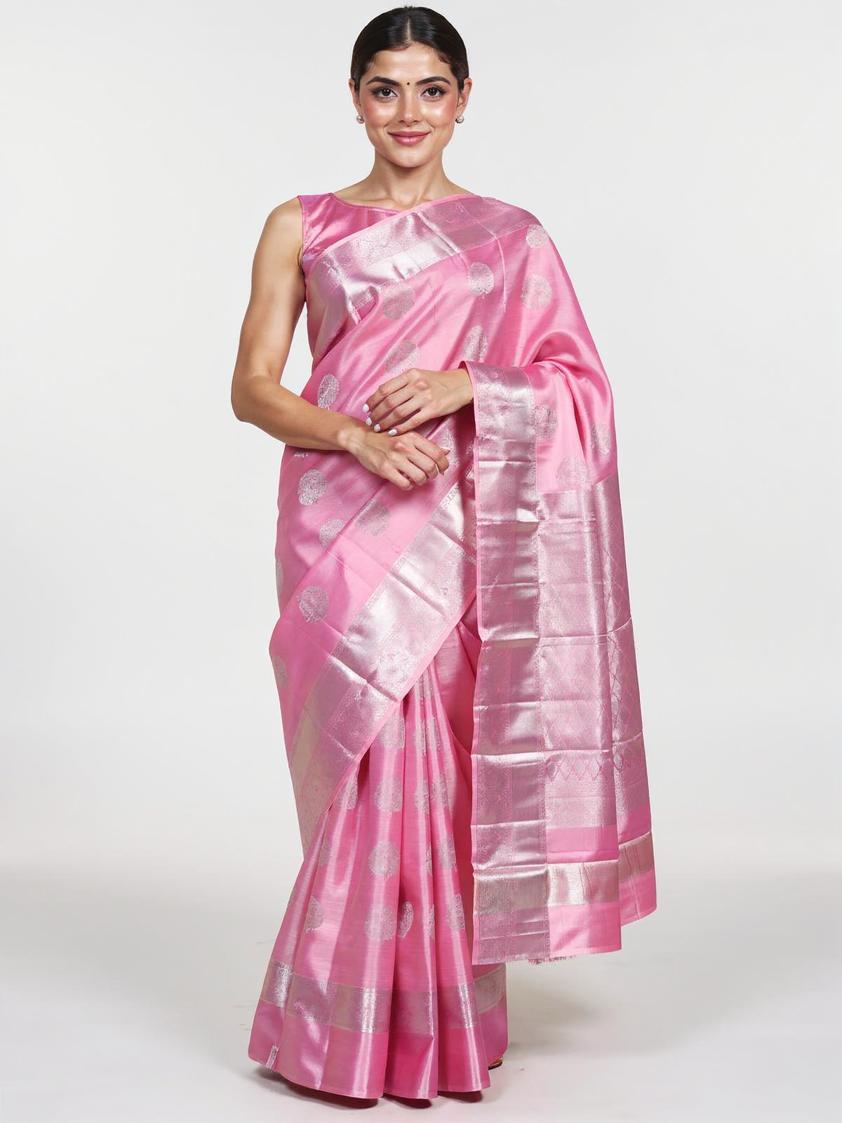 Bubblegum Pink with gray Kanjivaram Silk Saree