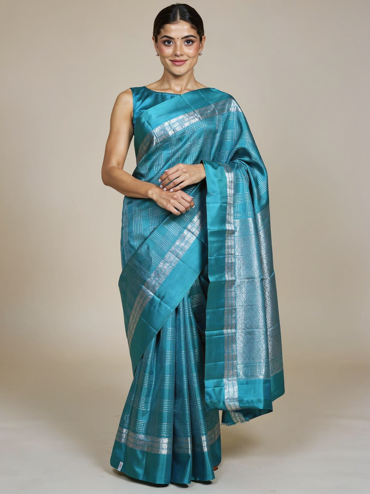 Turquoise Blue with Silver Zari kanchipuram Silk Saree