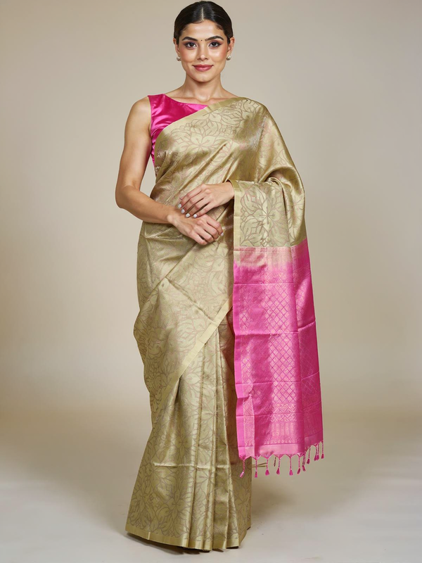 The Blossom Symphony: Olive Green & Rani Pink Kanchipuram Silk Saree