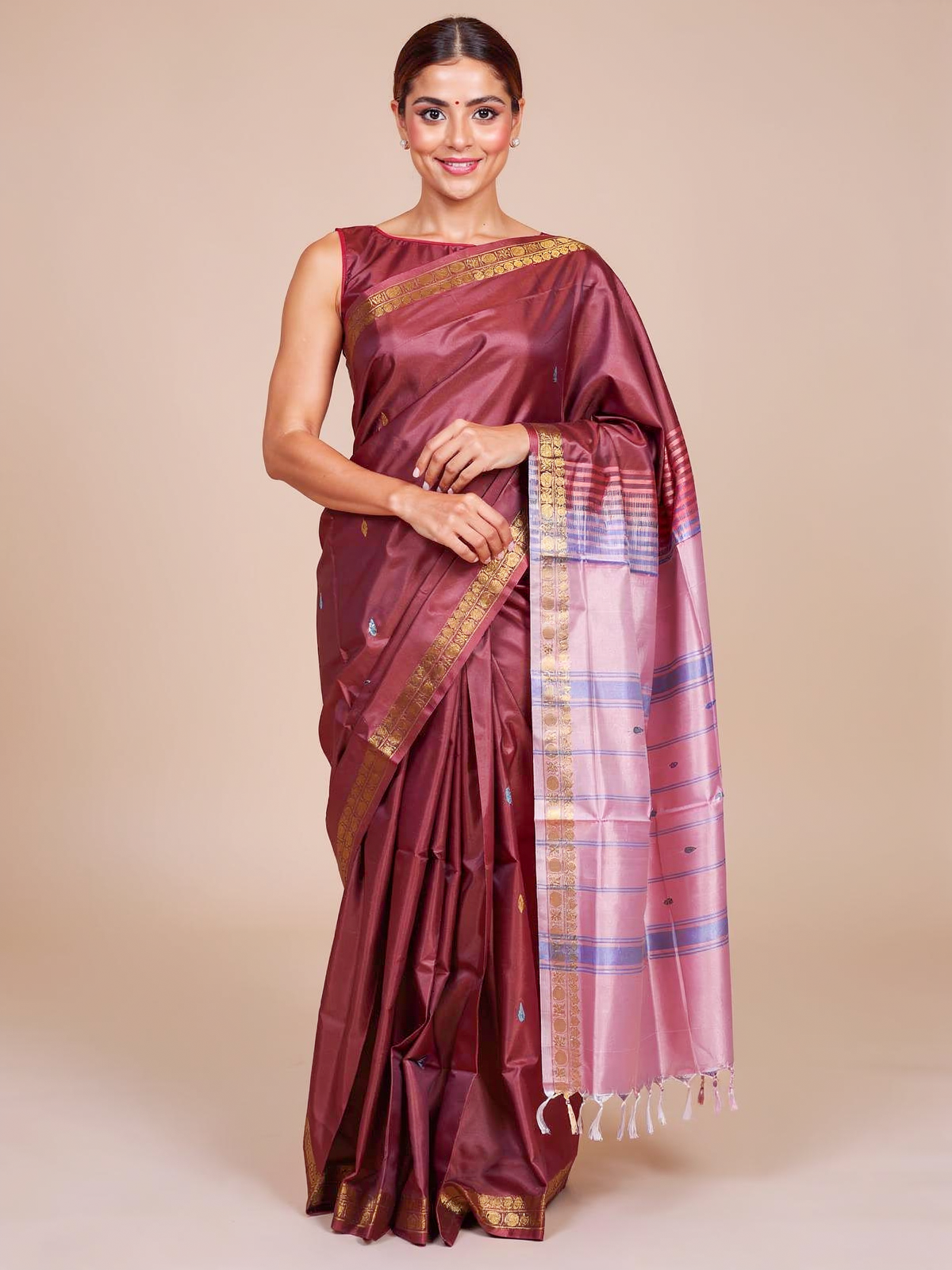 Maroon With Pink Semi Silk Saree