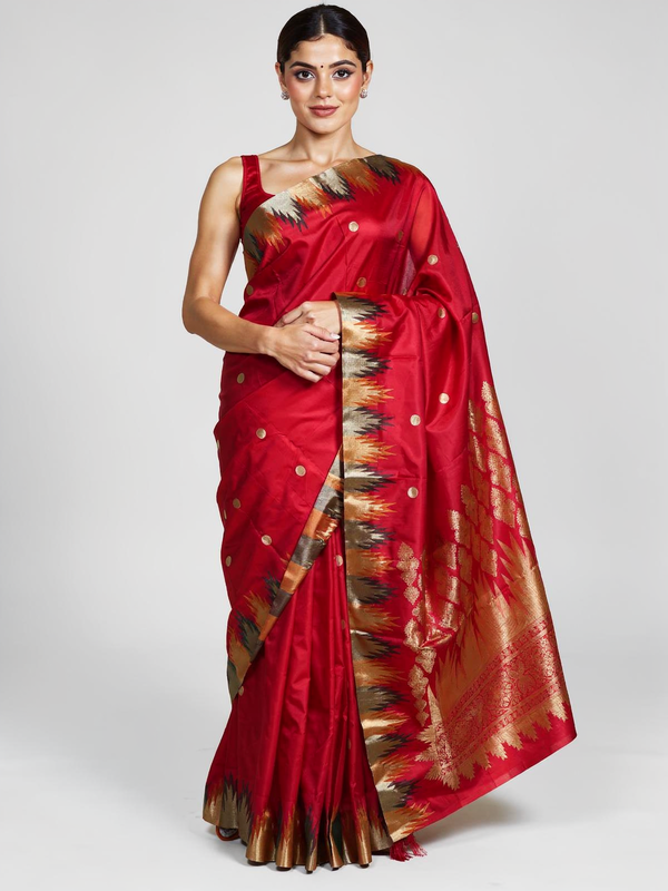 Elegant Crimson Red with antique gold Silk Saree with Temple Border
