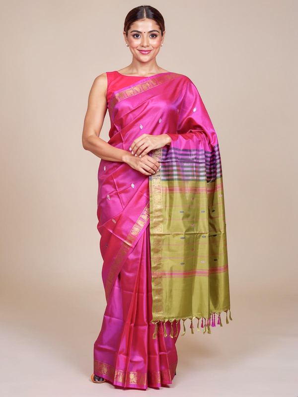 Rani Pink With Olive Green Semi Silk Saree
