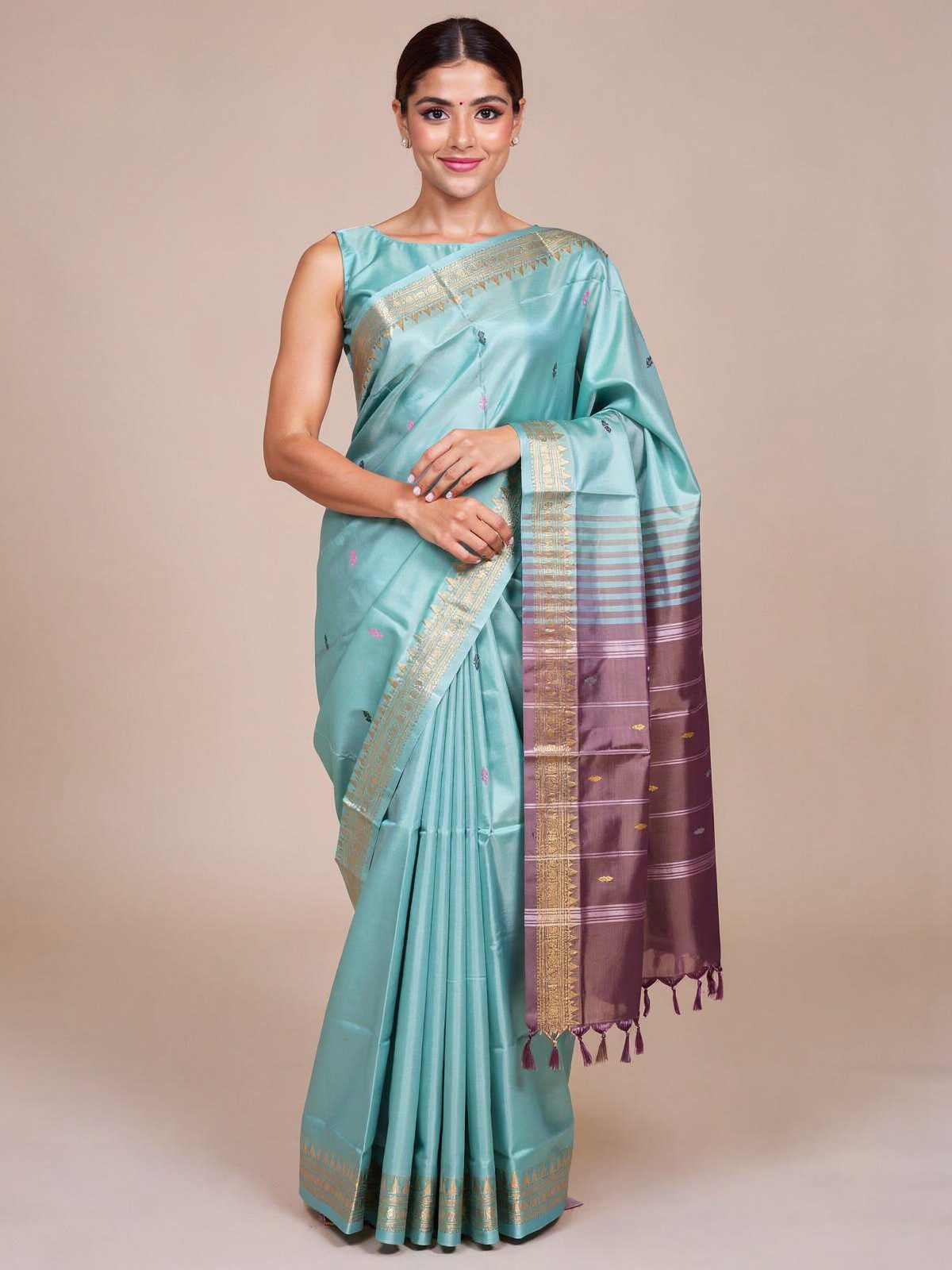 Sky Blue With Purple Semi Silk saree