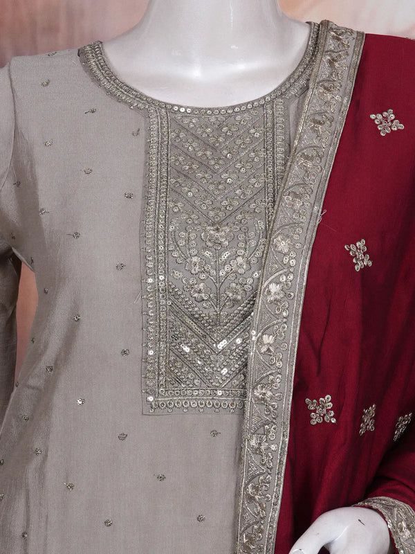 Grey with Maroon Dupatta Ready Made Kurti Set