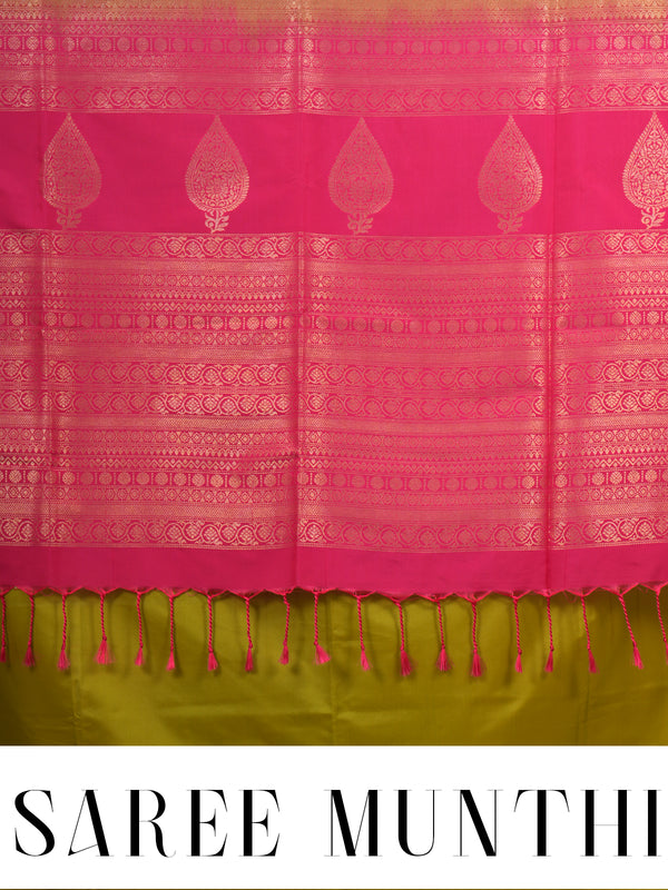 Mehendi Green with Rani Pink Semi Silk Saree